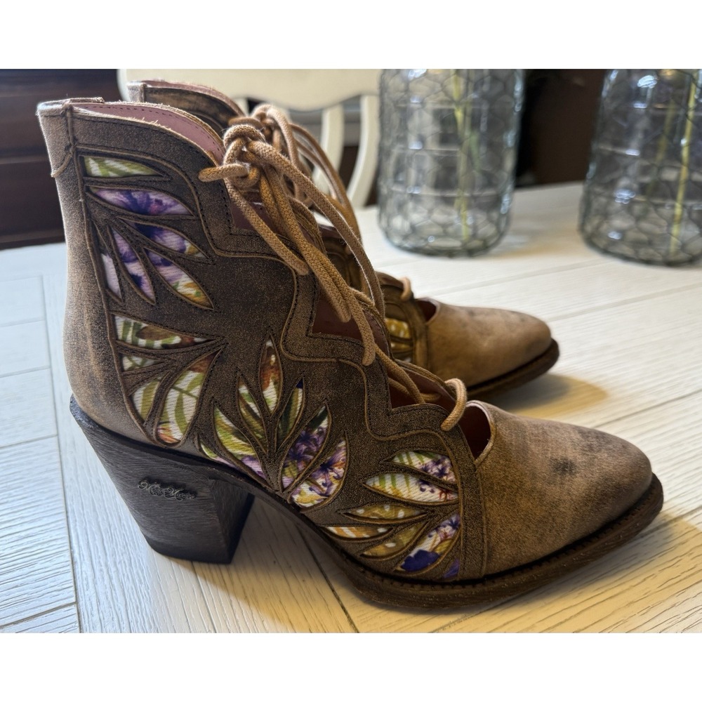 Miss Macie 3" Block Heel Leather Cutout Lace Up Ankle Southwest Boot Shoes Sz 9